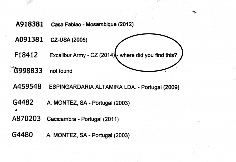 Sample: results of serial number trace conducted by CZUB on rifles recovered from Kruger rhino poaching crime scenes
