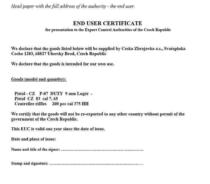 Sample End User Certificate (EUC) provided to ExploAfrica from the arms manufacturer CZUB